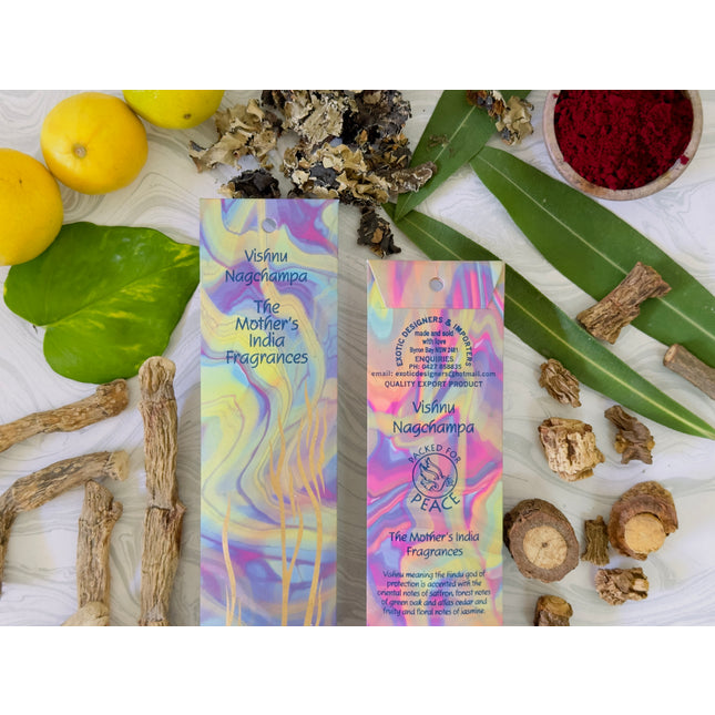 Mothers Fragrances Vishnu Nagchampa Incense Front and Back of Packet with Ingredients