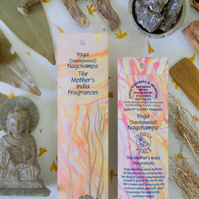 Mothers Fragrances Yoga Sandalwood Nagchampa Incense Front and Back of Packet with Ingredients