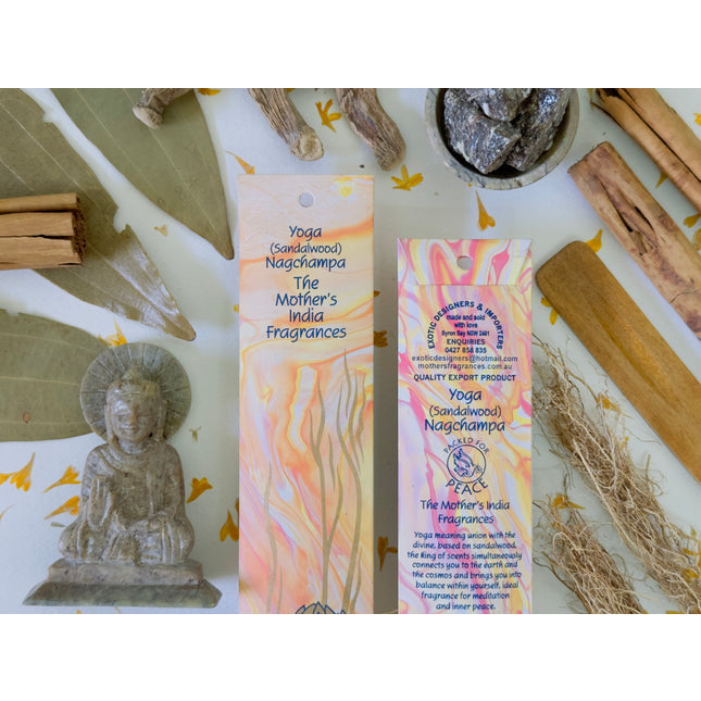 Mothers Fragrances Yoga Sandalwood Nagchampa Incense Front and Back of Packet with Ingredients
