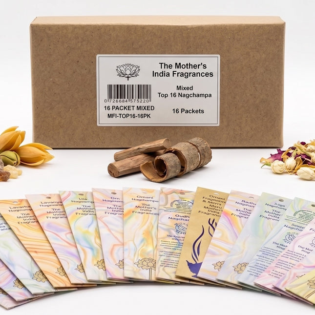 Collection of Mother's India Fragrances packaging and incense sticks on a white background