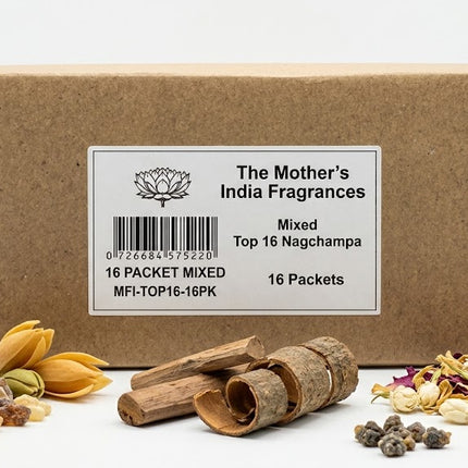 Box of The Mother's India Fragrances Incense with ingredients displayed on a white background