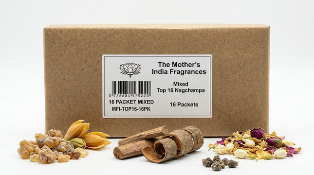 Box of The Mother's India Fragrances Incense with ingredients displayed on a white background