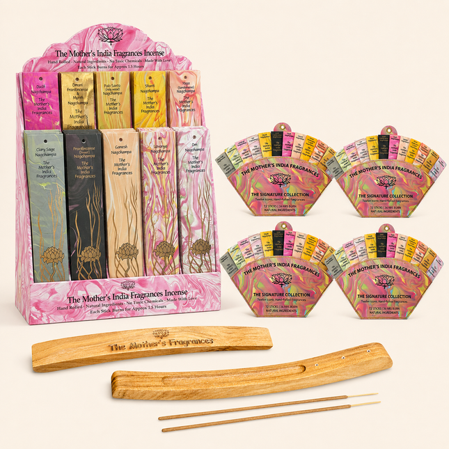 Complete Nag Champa Incense Retail Display Kit (124 Packs) – 4 Gift Fans & 2 Holders | Mother's Fragrances