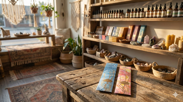 Retail store with natural Mothers Fragrances incense packets on a wooden table.
