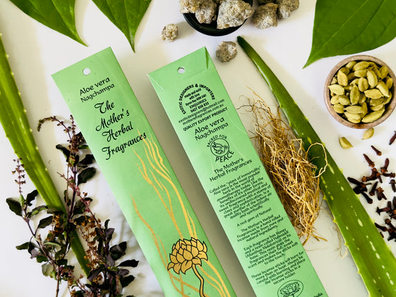 Mothers Fragrances Aloe Vera Nagchampa Incense Front and Back of Packet with Ingredients