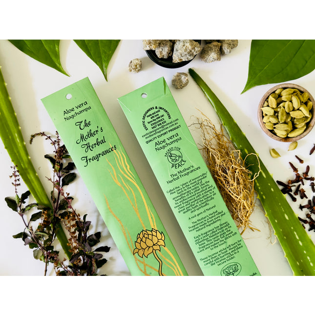 Mothers Fragrances Aloe Vera Nagchampa Incense Front and Back of Packet with Ingredients