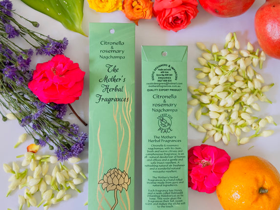 Mothers Fragrances Citronella & Rosemary Nagchampa Incense Front and Back of Packet with Ingredients