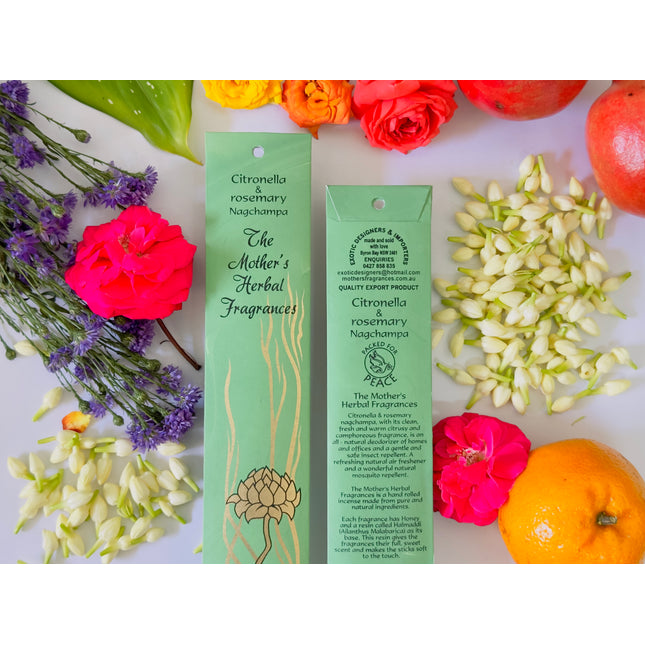 Mothers Fragrances Citronella & Rosemary Nagchampa Incense Front and Back of Packet with Ingredients