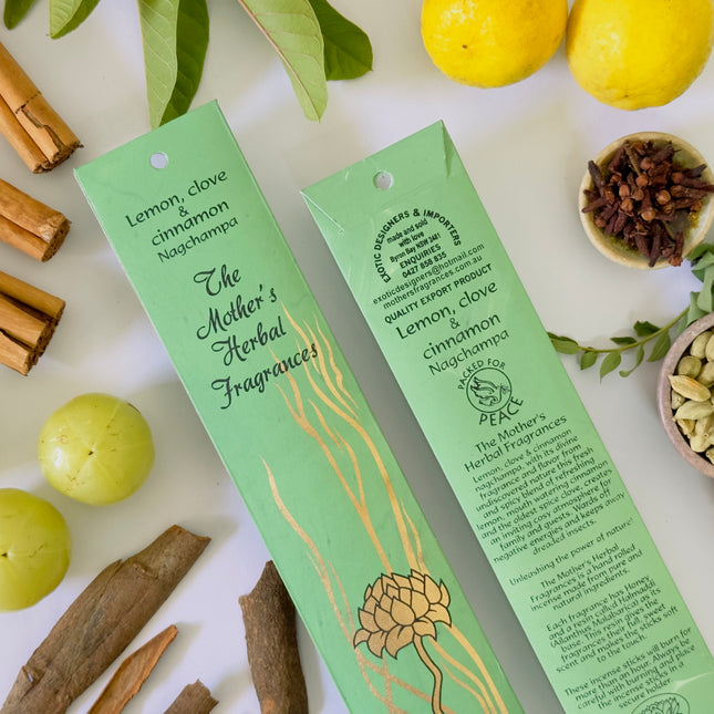 Mothers Fragrances Lemon, Clove & Cinnamon Nagchampa Incense Front and Back of Packet with Ingredients