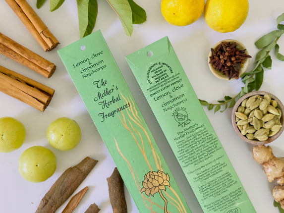 Mothers Fragrances Lemon, Clove & Cinnamon Nagchampa Incense Front and Back of Packet with Ingredients