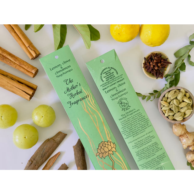 Mothers Fragrances Lemon, Clove & Cinnamon Nagchampa Incense Front and Back of Packet with Ingredients