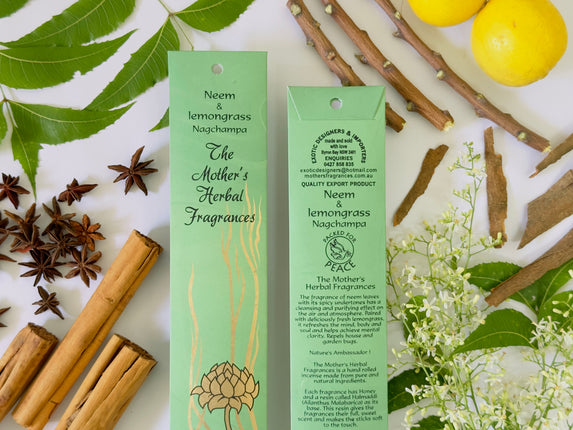 Mothers Fragrances Neem & Lemongrass Nagchampa Incense Front and Back of Packet with Ingredients