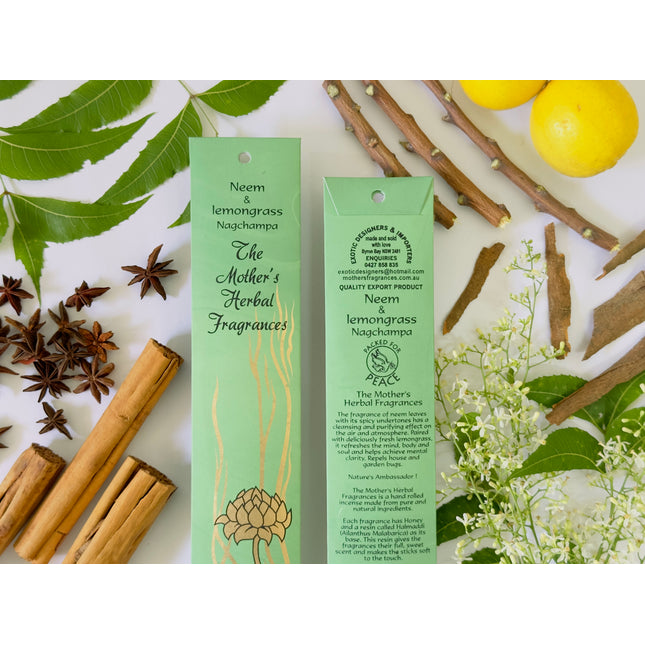 Mothers Fragrances Neem & Lemongrass Nagchampa Incense Front and Back of Packet with Ingredients