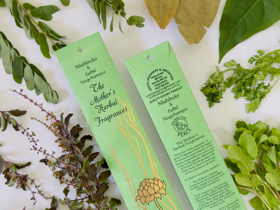 Mothers Fragrances Nishinda & Tulsi Nagchampa Incense Front and Back of Packet with Ingredients