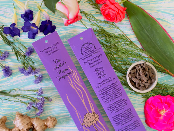 Mothers Vegan Fragrances Purifying Sage & Rosemary Nagchampa Incense Front and Back of Packet with Ingredients