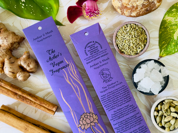Mothers Vegan Fragrances Incense Amber & Musk Nagchampa Front and Back of Packet with Ingredients