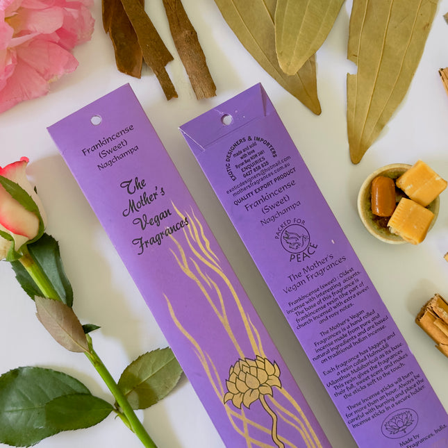 Mothers Vegan Fragrances Sweet Frankincense Nagchampa Incense Front and Back of Packet with Ingredients