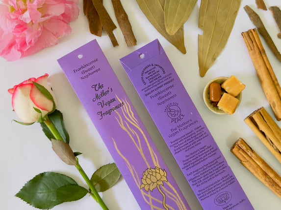 Mothers Vegan Fragrances Sweet Frankincense Nagchampa Incense Front and Back of Packet with Ingredients