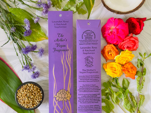 Mothers Vegan Fragrances Lavender Rose & Patchouli Nagchampa Incense Front and Back of Packet with Ingredients