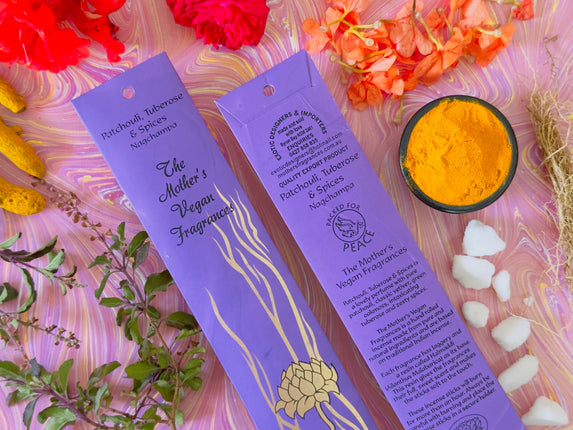Mothers Vegan Fragrances Patchouli Tuberose & Spices Nagchampa Incense Front and Back of Packet with Ingredients