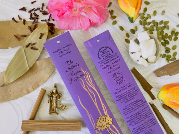 Mothers Vegan Fragrances Vanilla Mystical Amber Nagchampa Incense Front and Back of Packet with Ingredients