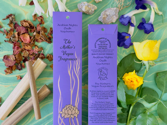 Mothers Vegan Fragrances Arabian Nights Oudh Nagchampa Incense Front and Back of Packet with Ingredients