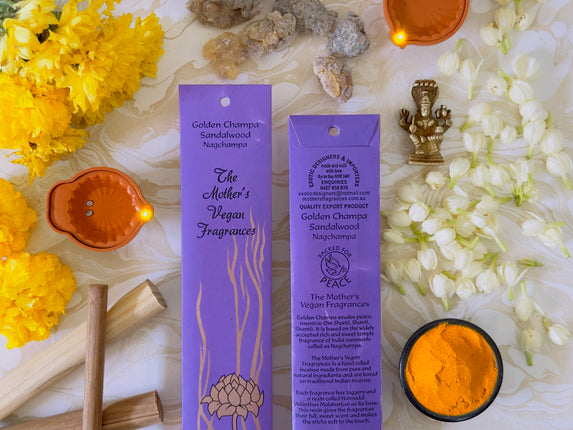Mothers Vegan Fragrances Golden Champa Sandalwood Nagchampa Incense Front and Back of Packet with Ingredients