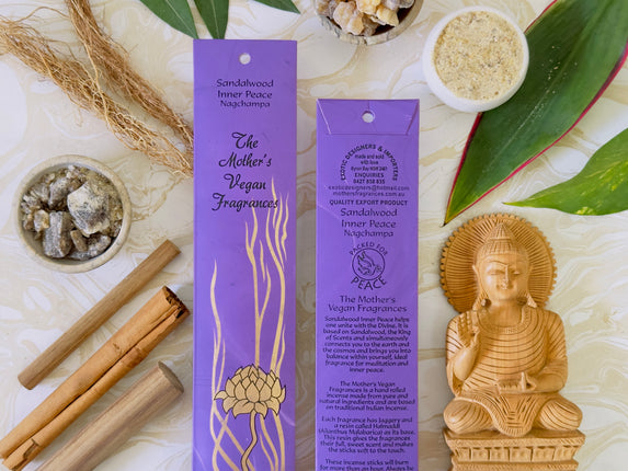 Mothers Vegan Fragrances Sandalwood Inner Peace Nagchampa Incense Front and Back of Packet with Ingredients