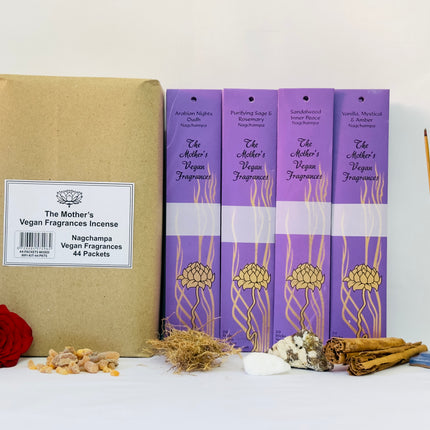 Vegan Nag Champa Incense Retail Display Kit (44 Packs) – 4 Gift Fans & 2 Holders | Mother's Fragrances