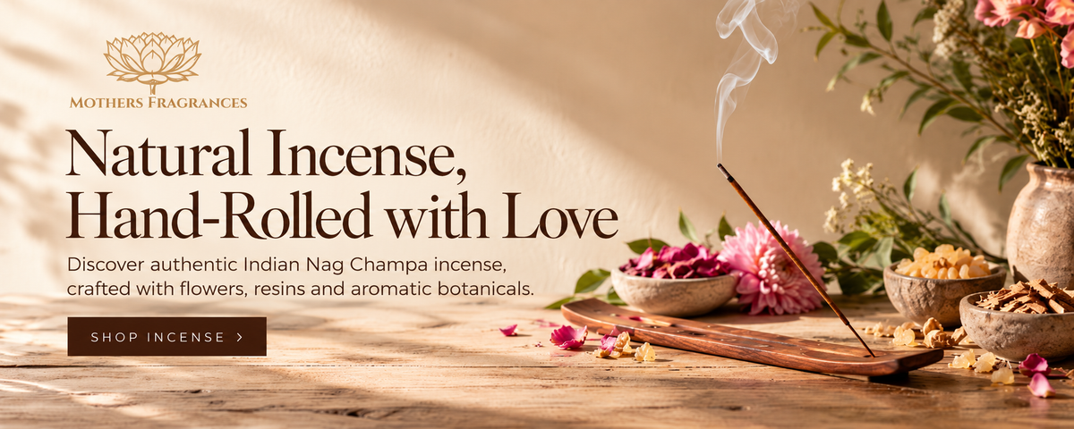 Mothers Fragrances Incense burning with raw ingredients on display.