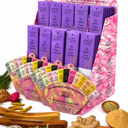 Vegan Nag Champa Incense Retail Display Kit (44 Packs) – 4 Gift Fans & 2 Holders | Mother's Fragrances