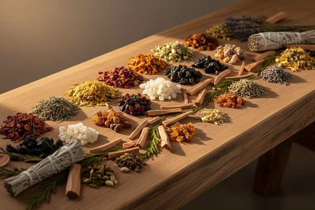 Raw botanicals used in natural incense displayed on raw timber bench