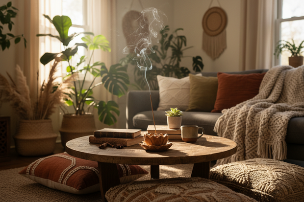 Natural incense stick gently releasing smoke on a coffee table in a wooden burner
