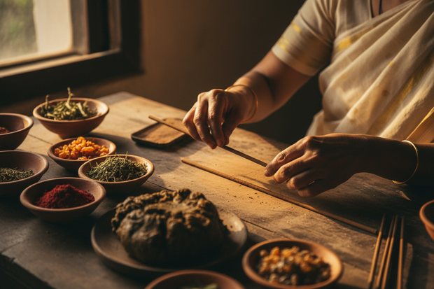 Indian woman hand rolling natural incense with bowls of raw botanical powders, herbs, and incense dough on a wooden table. 